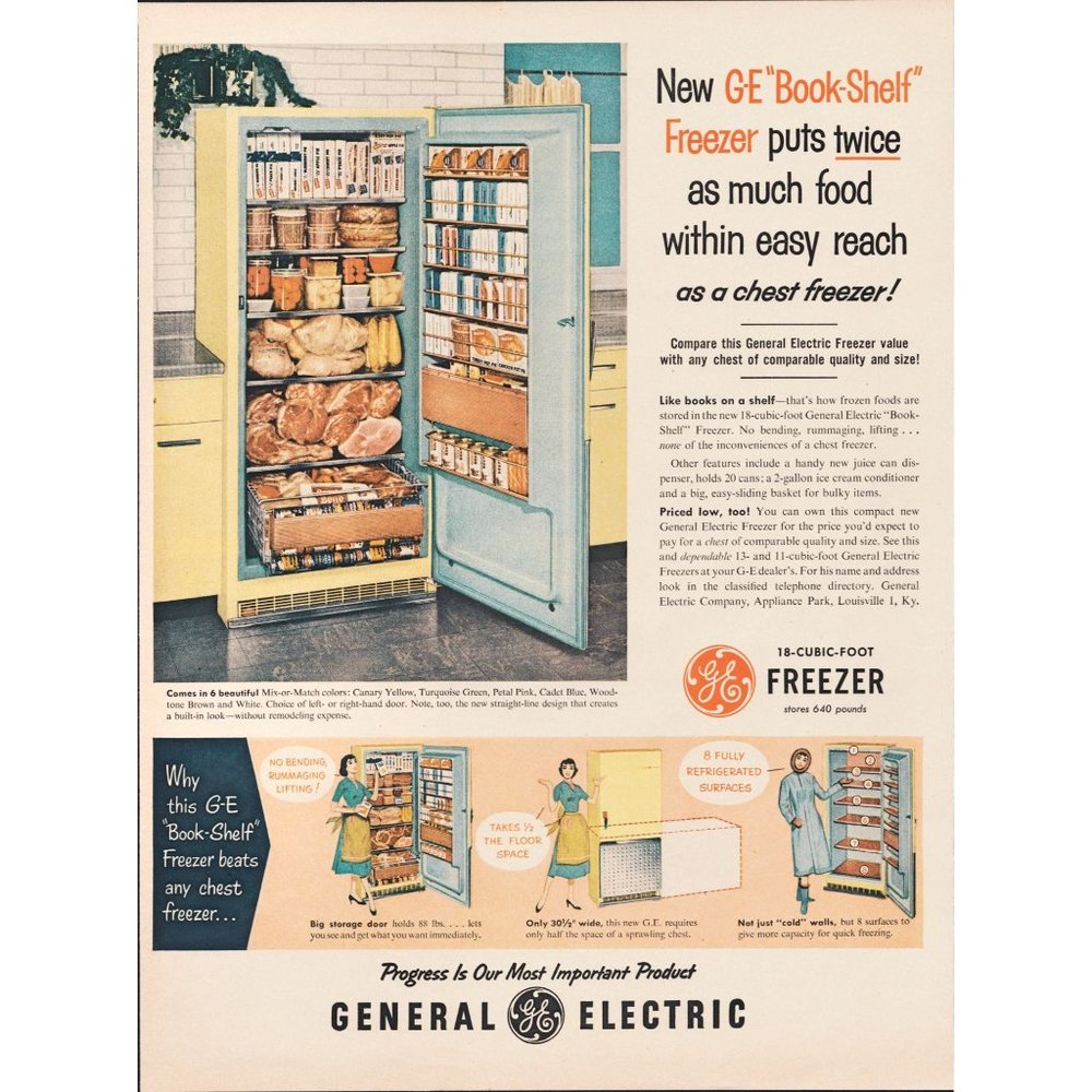 1956 GE General Electric Book Shelf Freezer Vintage Print Ad Midcentury Wall Art